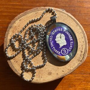 Oval Vintage Purple US Stamp Gunmetal Silver Pendant with Silver Ball Chain